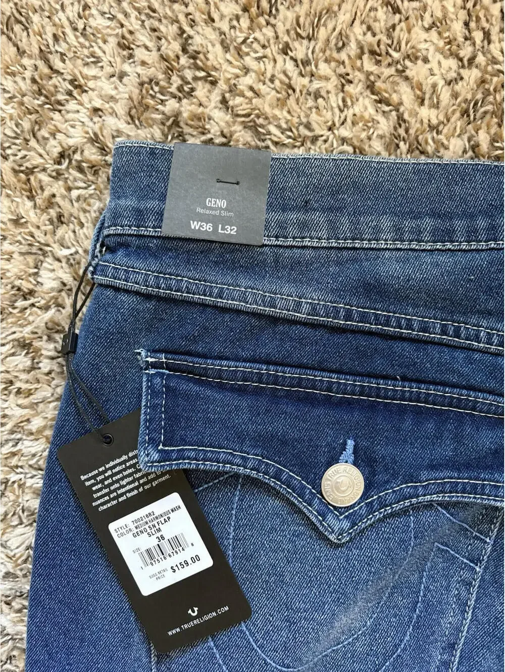 True Religion Geno Relaxed Slim Flap Jeans Men’s Size 36x32 Harmonious Wash NWT
